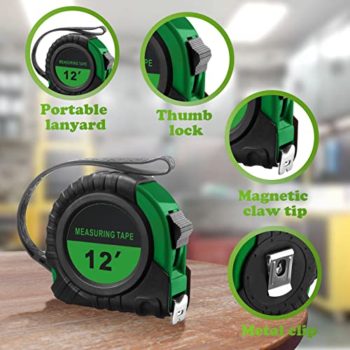 Xinnun 20 Pieces Tape Measures Bulk 12 FT Green Retractable Measuring Tapes Small Easy Read Measurement with Pause Buttons for Adults Engineer Contractors Decorator, Standard Inches and Metric