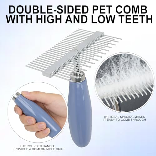 Blue Pet Double-Sided Row Undercoat Rake Comb with Handle Dog Dematting Comb for Shedding Fine Tooth Comb Pet Grooming Tool for Long-Haired Dogs Cats Gentle Remove Loose Hair Knots Tangles