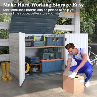 Amopatio Premium Resin Outdoor Storage Shed, 35 Cu Ft, White | Horizontal, Trash Can Storage, Weather Resistance, W/Lock, For Garbage Cans, Garden Tools, Lawn Mowers, Patio