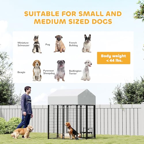 PawHut Outdoor Dog Kennel with Roof, 4' x 4' x 6' Heavy Duty Welded Wire Dog Playpen Enclosure with Escape-Proof Lock, UV-Resistant & Waterproof Cover, for Medium Dogs, Chickens, Ducks, Silver - size: 48" L x 48" W x 72" H, style: Single Room