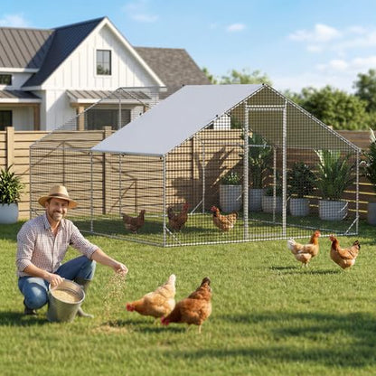 CAMMOO Metal Chicken Coop with Run, 13.1x9.8x6.6ft, Walk-in Chicken Run for Yard with Cover, Upgrade Double Lock & Rust-Proof Mesh, Stainless Steel Ties, Easy Assembly, Chicken Pen for Ducks, Rabbits - size: 13.1'L x 9.8'W x 6.6'H