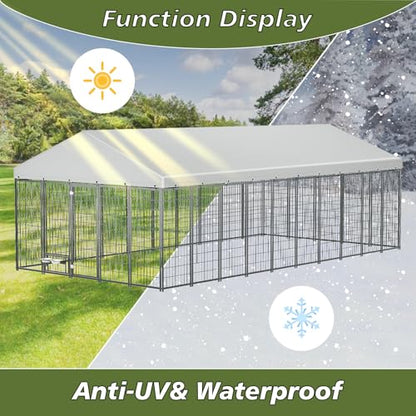 Large Dog Kennel Outdoor with Waterproof Roof Cover 18.9'L X 9.6'W X 6.76'H Metal Dog Run Enclosure Pet Pen Fence with 2 Rotatable Feeders Outside Dog House for Yard Chicken Coop Animals Ventilated