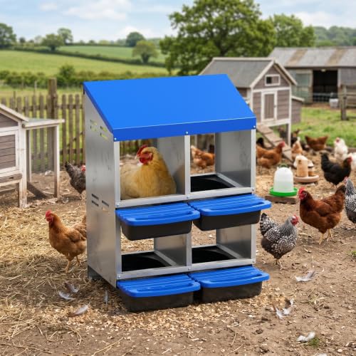 Garvee 4-Hole Roll Away Egg Collection Chicken Nesting Box, Galvanized Steel Nest Box for Laying Eggs - color: Blue, size: 4 holes & 2-tier