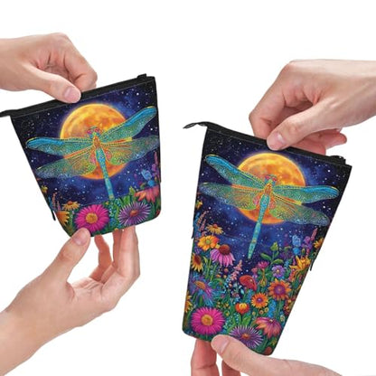 Dragonfly Moon Standing Pencil Case Cute Telescopic Stationary Pouch with Zipper Large Capacity Stand up Pen Bag Portable Makeup Holder for School Office Supplies - color: Dragonfly