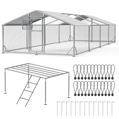 26x10x6.5 FT Extra Large Metal Chicken Coop with Perch & Split Door | Heavy Duty Duck Pen with Aluminum Frame & 2 Pack Cover & Strong Wire Mesh, Large Animal Run for Chicken, Duck, Goat, Rabbit