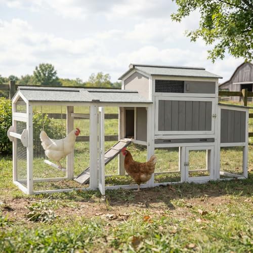 Chicken Coop with Run, Weatherproof Mobile Chicken Tractor Hen House with Wheels, Nesting Box, Roosting Bars, Pull-Out Tray, Asphalt Waterproof Roof & Fun Swing for Chickens Quails Small Animals - color: Grey