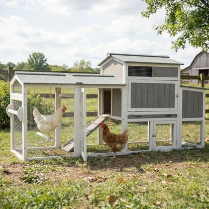 Chicken Coop with Run, Weatherproof Mobile Chicken Tractor Hen House with Wheels, Nesting Box, Roosting Bars, Pull-Out Tray, Asphalt Waterproof Roof & Fun Swing for Chickens Quails Small Animals - color: Grey