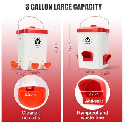 Automatic Chicken Feeder and Waterer Set 3 Gal BPA-Free Chicken Feeders No Waste with 2.2in Poultry Watering Cups Rainproof Lid Standing or Hanging Use