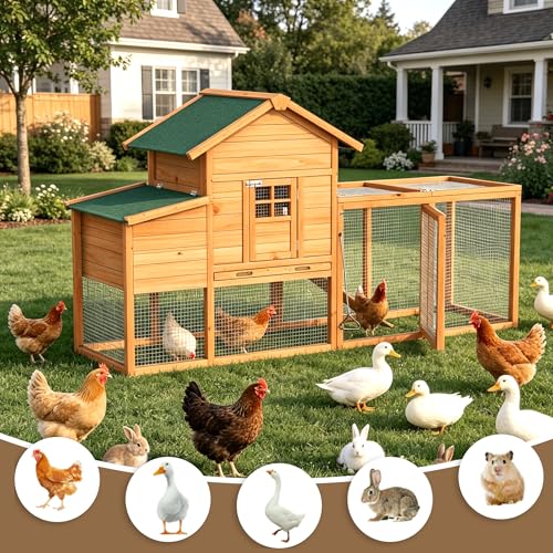 80" Chicken Coop with Expandable Run, Outdoor Chicken House for 4 Chickens, Wooden Hen House with Run, Nesting Box, Pull Out Tray, Chicken Cage - size: 78.0"L x 27.0"W x 45.0"H