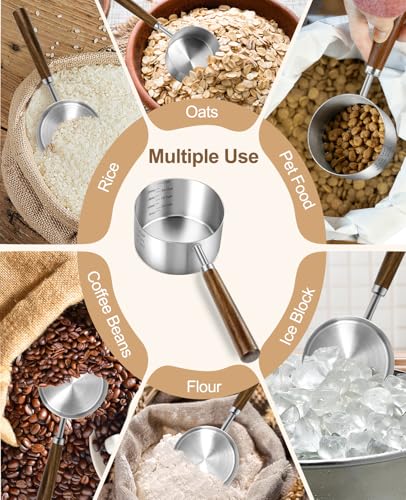 Stainless Steel Dog Food Scoop 1 Cup, Dog Food Measuring Cup With Measuring Lines (Cup/ML) & Long Wooden Handle, Metal Pet Food Scoop For Dogs, Cats and Kitchen Use, Dishwasher Safe - size: 1 CUP
