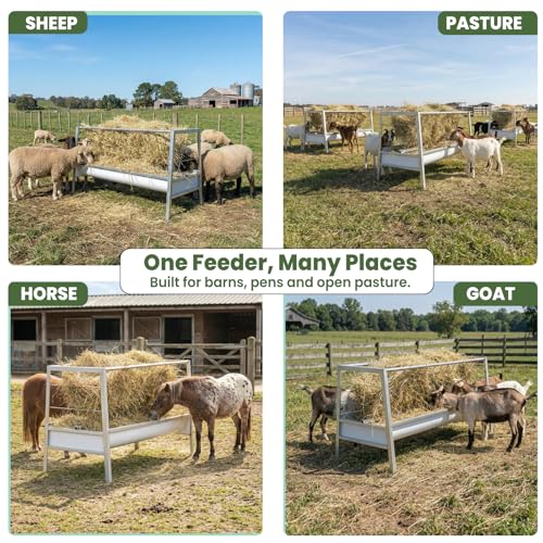 100 Gallons Heavy-Duty Goat Hay Feeders with Detachable Grain Tray, Anti-Rust Horse Trough, Galvanized Steel Hay Feeder for Goats/Sheep/Horse/Cow, No Need for Maintenance/Easy to Assemble