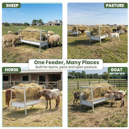 100 Gallons Heavy-Duty Goat Hay Feeders with Detachable Grain Tray, Anti-Rust Horse Trough, Galvanized Steel Hay Feeder for Goats/Sheep/Horse/Cow, No Need for Maintenance/Easy to Assemble
