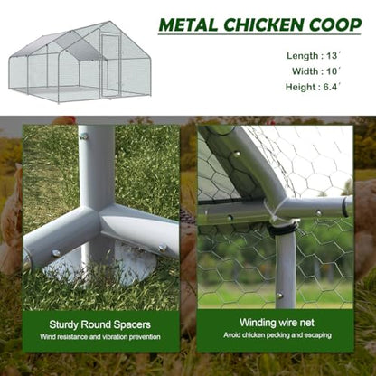 Large Metal Chicken Coop Round Top Upgrade Tri-Supporting Wire Mesh Chicken Run,Chicken Pen with Water-Resident and Anti-UV Cover,Duck Rabbit House Outdoor (Spire Roof 10’ W x 13’ L x 6.5’ H) - size: 156.2"L x 108.0"W x 78.0"H