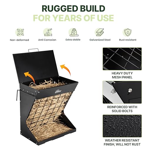 Wall Mount Hay Rack And Hay Feeder For Goats Sheep And Horses, Covered Galvanized Steel Goat Hay Feeder With Hinged Roof, 25 Gallon 2-In-1 No Waste Hanging Holder Grain Bin with hook For Cattle - color: Black