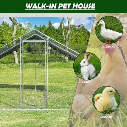 Large Metal Chicken Coop Round Top Upgrade Tri-Supporting Wire Mesh Chicken Run,Chicken Pen with Water-Resident and Anti-UV Cover,Duck Rabbit House Outdoor (Spire Roof 10’ W x 6.6’ L x 6.5’ H) - size: 120.0"L x 79.2"W x 76.8"H