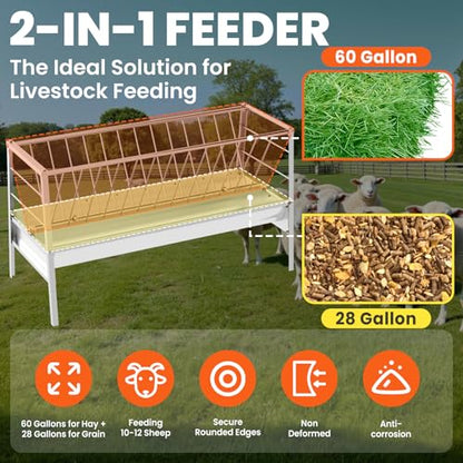 88 Gallon Goat Hay Feeder, Heavy-Duty Upgrade Stainless Steel Hay Feeder for Goats, 2-in-1 Design (60Gal Hay + 28Gal Feed/Water Tray), Livestock Feeder for Ranch, Barn and Goat Pens