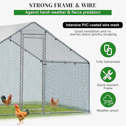 Outvita Chicken Coop, 6.5 x 6.5 FT Large Metal Chicken House, Poultry Habitat Cage with Waterproof Cover, Walk-in Chicken Run Pen for Small Animals, Yard, Farm, Patio - color: Silver, size: 78.0"L x 74.0"W x 78.0"H