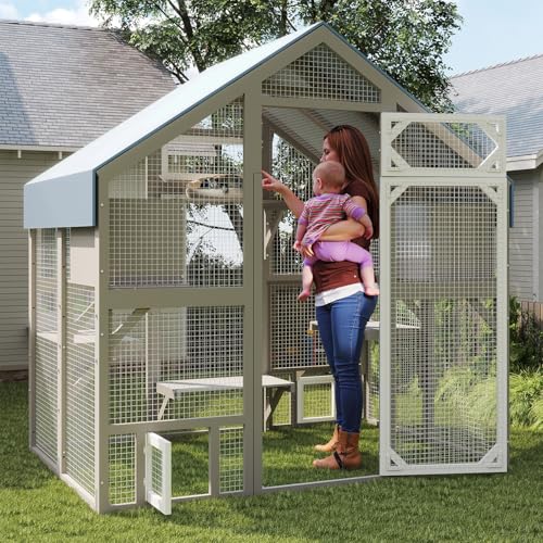 Ketive Cat Catio Outdoor Enclosure for Multiple Cats, Large Wooden Walk-in Cat House with Window Connection, 2 Condos, Platforms, Doors, and Weatherproof Roof Cover (69.5" L x 47" W x 71" H) - size: 69.5"L x 47.0"W x 71.0"H