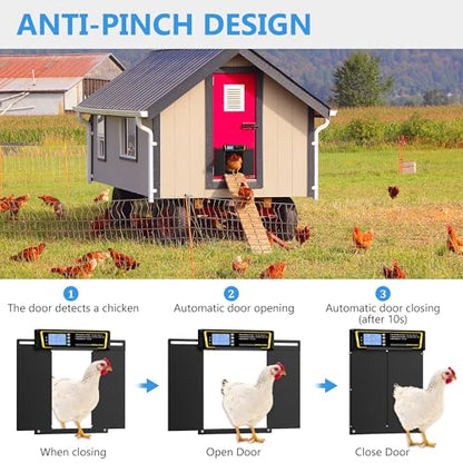 Automatic Chicken Coop Door with Timer & Light Sensor，5000mAh Battery & 3.7W Solar Panel，Anti-Pinch Auto coop Door, Weatherproof for Backyard Chicken Coop