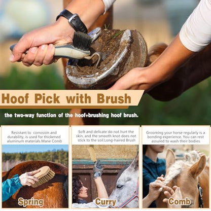 Abbylike 12 Pieces Horse Grooming Kit Racing Festival Tack Room Supplies Horse Brush Sets Equine Care Cleaning Kit Shedding Grooming Massaging Tools(Khaki) - color: Khaki