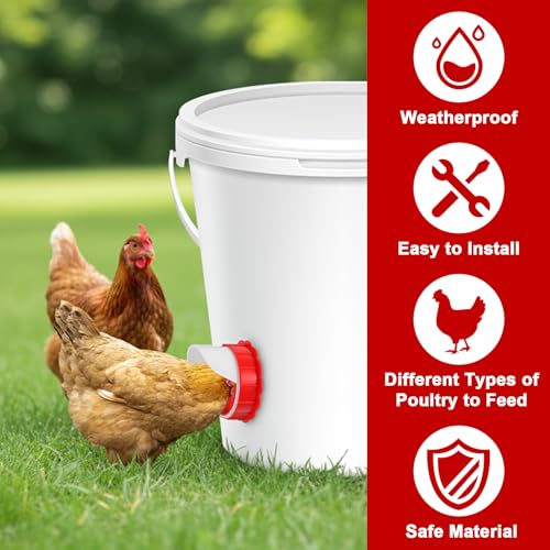 Kifmurase 10Pcs DIY Chicken Feeders No Waste, Poultry Feeder with 10 Covers 1 Hole Saw, Waterproof Automatic Gravity Chicken Feeder Kits, Waterer Food Dispenser Set for Buckets Troughs
