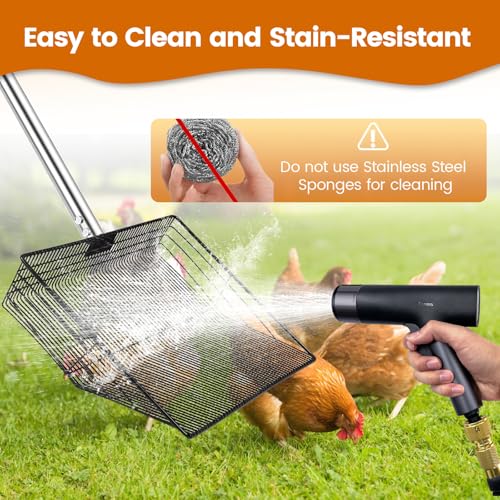 15 inch Extra Large Chicken Poop Scooper with Ergonomic Grip,5-in-1 Heavy Duty Adjustable Coop Scoop for Poop (24 to 68"), Stainless Steel Sifting Litter Shovel Scoop for Chicken Coop