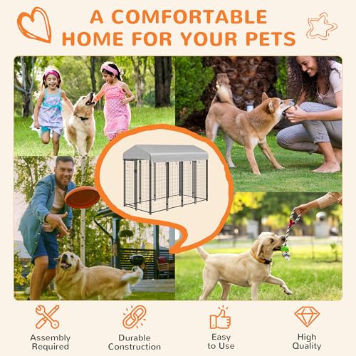 PawHut Outdoor Dog Kennel with Roof, 8' x 4' x 6' Heavy Duty Welded Wire Dog Playpen Enclosure with Escape-Proof Lock, UV-Resistant & Waterproof Cover, for Medium Dogs, Chickens, Ducks, Silver - size: 96.0"L x 48.0"W x 72.0"H, style: Single Room