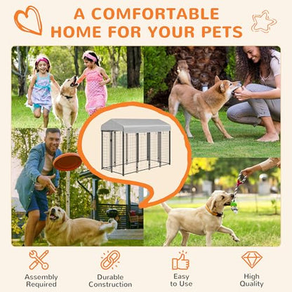 PawHut Outdoor Dog Kennel with Roof, 8' x 4' x 6' Heavy Duty Welded Wire Dog Playpen Enclosure with Escape-Proof Lock, UV-Resistant & Waterproof Cover, for Medium Dogs, Chickens, Ducks, Silver - size: 96.0"L x 48.0"W x 72.0"H, style: Single Room