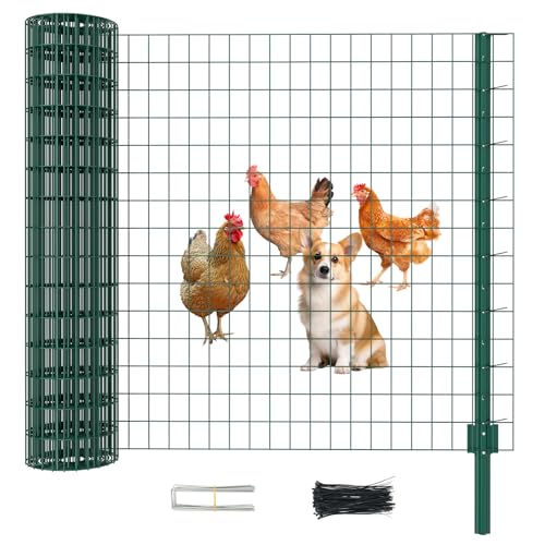 SUNYRISY Welded Chicken Wire Fencing Mesh, 35in x 50ft Metal Garden Fence Netting Animal Barrier with 5 Steel Stakes, Temporary Fencing for Backyard Dog Poultry Pet Protection, Green - color: Green, size: 35in x 50ft