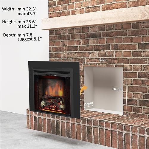 PuraFlame Klaus 33” Electric Fireplace Insert with Trim Kit, Fire Crackling Sound, Resin Log, Glass Door and Mesh Screen, 750/1500W Heater, Black - size: 33" with Trim