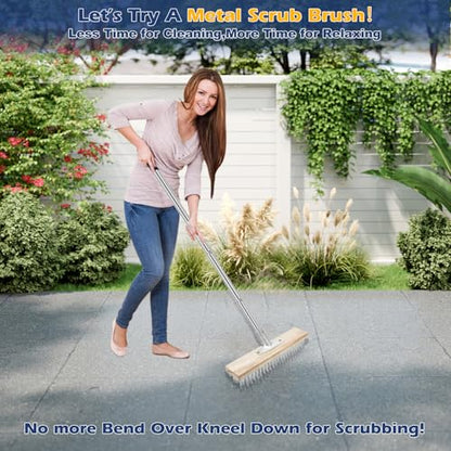 Floor Scrub Brush, Deck Brushes for Scrubbing Heavy Duty, Concrete Scrubber Outdoor Broom, Metal Wire Pool Brush Stainless Steel, Garage Patio Gunite Tile Algae Moss Cleaning Tool Long Handle