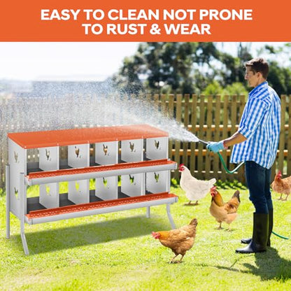 GarveeLife Chicken Nesting Box, 10 Compartments Nesting Box for Chickens, Two-Tier Galvanized Steel Chicken Egg Laying Box with Large Vented Holes Wall Mounting for Easy Egg Collection - color: Orange | 10 Compartments