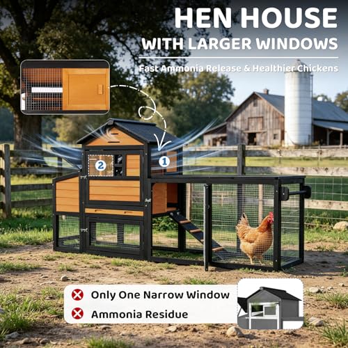 Chicken Coop with Wheels for 4-6 Chickens, Mobile Hen House with Run, Outdoor Chicken Coop, Ventilated Window, Easy-Clean Nesting Box, Weatherproof Asphalt Roof, 82.7” L x 25.6” W x 44.1” H, Brown - color: Brown