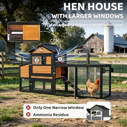 Chicken Coop with Wheels for 4-6 Chickens, Mobile Hen House with Run, Outdoor Chicken Coop, Ventilated Window, Easy-Clean Nesting Box, Weatherproof Asphalt Roof, 82.7” L x 25.6” W x 44.1” H, Brown - color: Brown