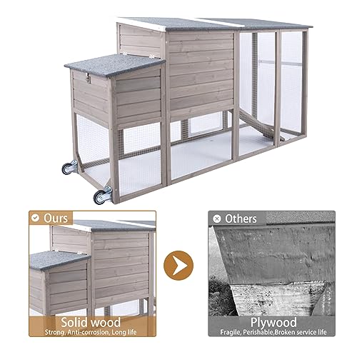 PetsCosset 75" Wooden Chicken Coop with Run and Wheels for 1–4 Chickens, Backyard Hen House with Nesting Box, Removable Tray, Ramp & Weather-Resistant Roof, Grey - color: Chicken Coop large-Grey, size: 75.0"L x 26.0"W x 39.0"H