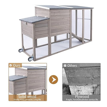 PetsCosset 75" Wooden Chicken Coop with Run and Wheels for 1–4 Chickens, Backyard Hen House with Nesting Box, Removable Tray, Ramp & Weather-Resistant Roof, Grey - color: Chicken Coop large-Grey, size: 75.0"L x 26.0"W x 39.0"H