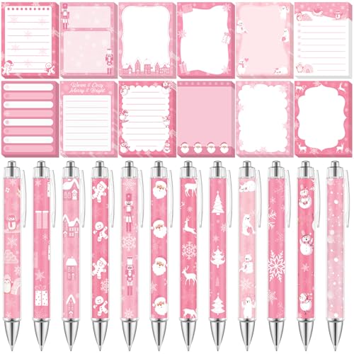 Dispowreath 24 Pcs Pink Christmas Sticky Notes with Pens Holiday Gifts Self Adhesive Notepad Cute Memo Notes Pads Black Ink Ballpoint Pen for Office School Students Teacher Supplies - style: Pink Xmas