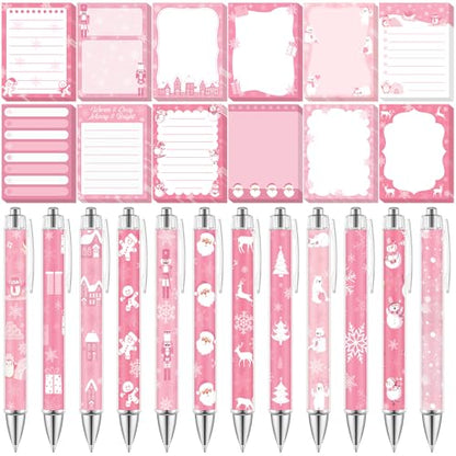 Dispowreath 24 Pcs Pink Christmas Sticky Notes with Pens Holiday Gifts Self Adhesive Notepad Cute Memo Notes Pads Black Ink Ballpoint Pen for Office School Students Teacher Supplies - style: Pink Xmas
