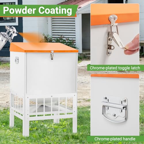 Chicken Feeder with Grille, 85LBS No Waste Chicken Feeder with 22 Ports, Powder-Coated Steel Feeder w/Waterproof Lid and Stainless Handles, 18”L x 15.1”W x 29.5”H - size: 85LBS