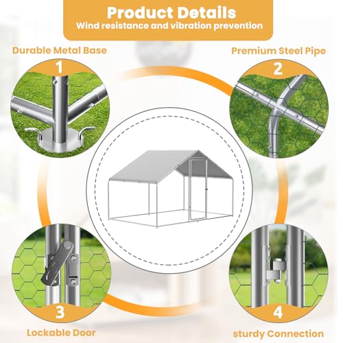 ROOMTEC Chicken Coop Large Metal Chicken Run for 20-30 Chickens,Dog Kennel Outdoor with Waterproof and Anti-UV Cover Lockable Door Design(9.8'Lx19.6'Wx6.4'H)