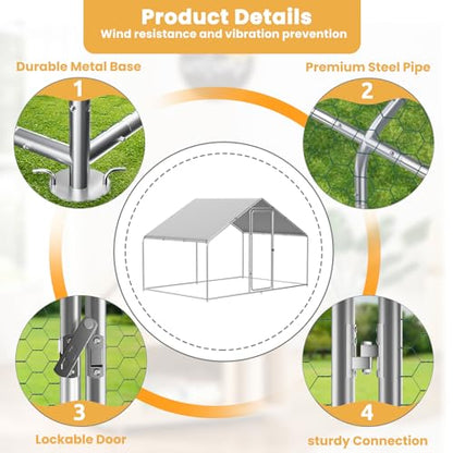 ROOMTEC Chicken Coop Large Metal Chicken Run for 20-30 Chickens,Dog Kennel Outdoor with Waterproof and Anti-UV Cover Lockable Door Design(9.8'Lx19.6'Wx6.4'H)
