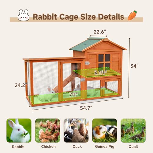 Large Outdoor Indoor Rabbit Hutch Wooden Bunny Rabbit Cage 2-Story with Run No-Leak Pull-Out Tray Waterproof Asphalt Roof Ramp for Guinea Pig Small Animal Wood Pet House Home Orange