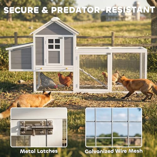PawHut 82" Wooden Chicken Coop, Large Outdoor Hen House Poultry Hutch for 2-3 Hens, Chicken House with Nesting Box, Pull-on Tray, Waterproof Roof, Ramp and Roosting Bars for Backyard, Gray