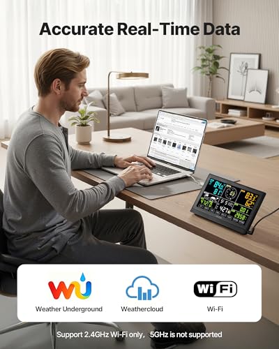 VEVOR 7-in-1 Wi-Fi Weather Station, 7.5-Inch VA Display, Solar Powered Wireless Outdoor Sensor, Home Weather Station Indoor Outdoor, for Temperature, Humidity, Wind Speed/Direction, Rainfall, No APP - style: 7in1 WiFi New Version