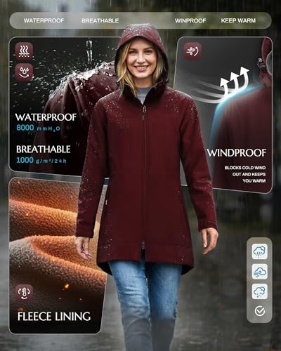 Outdoor Ventures Women's Softshell Jacket with Removable Hood Fleece Lined Windbreaker Insulated Long Warm Rain Jacket - color: Wine, size: X-Small