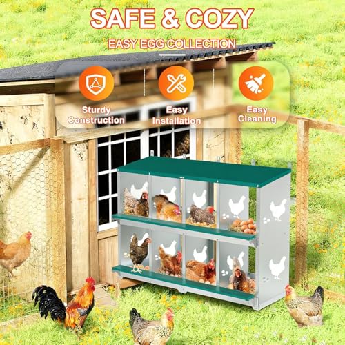 Garvee Large Metal Chicken Nesting Boxes for Hens, 8 Compartment Galvanized Steel Nesting Box, Includes 4 Fake Eggs & 10 Soft Nest Pads Pads, Wall Mount or Freestanding for Coop & Farm - style: 8 Holes