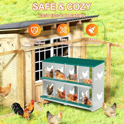Garvee Large Metal Chicken Nesting Boxes for Hens, 8 Compartment Galvanized Steel Nesting Box, Includes 4 Fake Eggs & 10 Soft Nest Pads Pads, Wall Mount or Freestanding for Coop & Farm - style: 8 Holes
