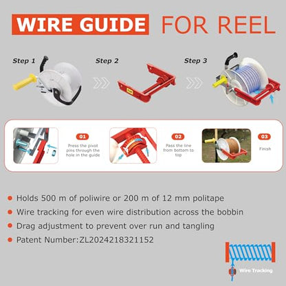 3:1 Geared Reel Prewound Polywire, Electric Fence Wire Reel, with Auxiliary Winding Handle, Plus 1 Free 8 inch Insulgrip, Suitable for Building Farm Electric Fences - size: 1640 ft x 1 standard reel x 1 guide x 1 Handle