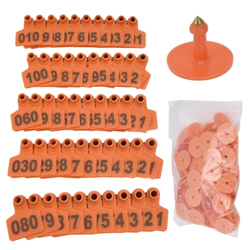 Cattle Ear Tags 001-100 Number, Anti Dropping Livestock Ear Tag | TPU Animal Identification Ear Tags for Cows Sheep Pigs Calf Fox Animal Identification Earring Tagger, Orange