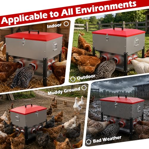 75LB Large Automatic Chicken Feeder with 8 Ports, Dual No Waste Design Metal Chicken Feeders with Locking Lid & Riveted Handles- Waterproof Poultry Feeder for Chickens, Ducks, Geese - size: 8 Ports